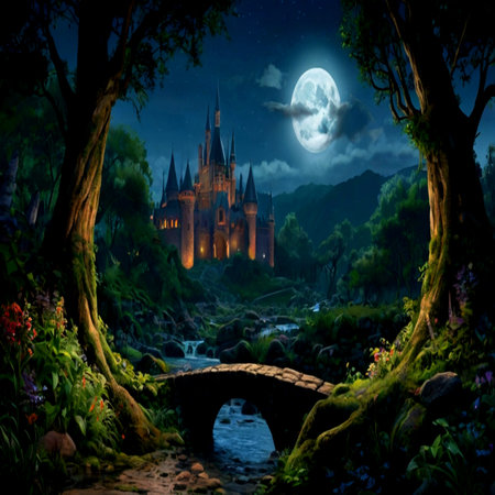 Fantasy castle in the forest at night. Fairy tale scene.の写真素材