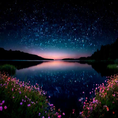 Milky way over the lake with pink flowers and starry skyの写真素材