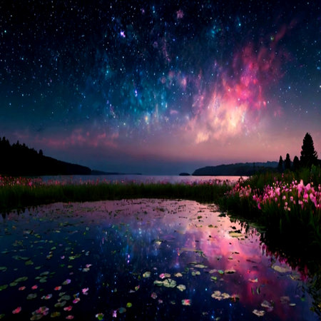 Milky Way over the lake at night with water lily.の写真素材