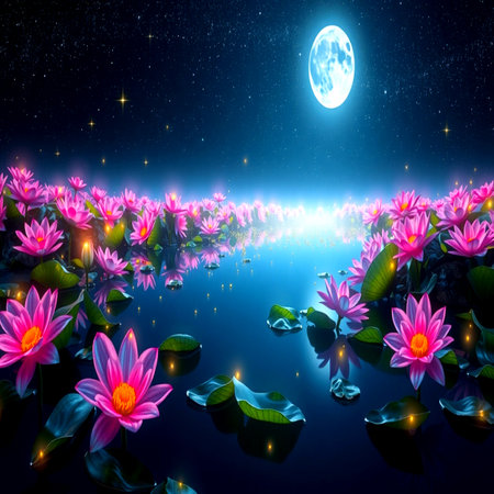 Night scene with lotus flowers and full moon. 3D renderingの写真素材