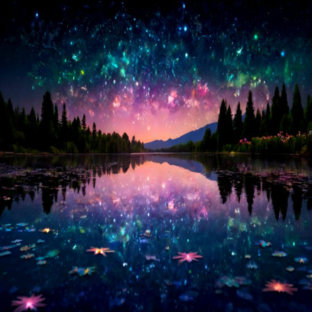 Fantastic night landscape with lake, stars and reflection in waterの写真素材