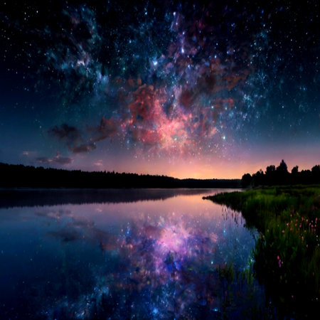 Milky Way over the lake. Night sky with stars and clouds.