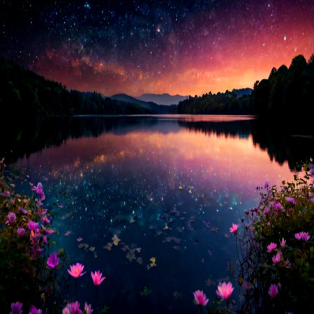 Beautiful night landscape with starry sky, lake and lotus flowers