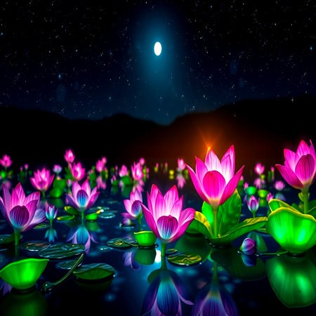 Lotus flower in the pond with full moon and starry skyの写真素材