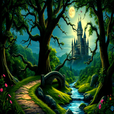 Fantasy landscape with castle, bridge and river in fantasy forest.の写真素材