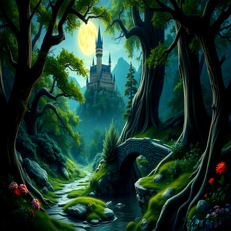 Fantasy landscape with castle in the forest. Fairytale scene.の写真素材