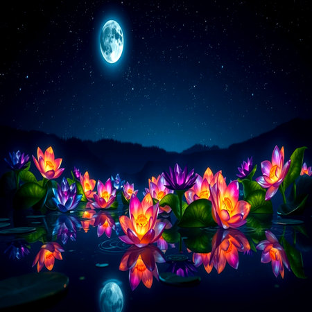 Beautiful night scene with lotus flower, moon and stars.の写真素材