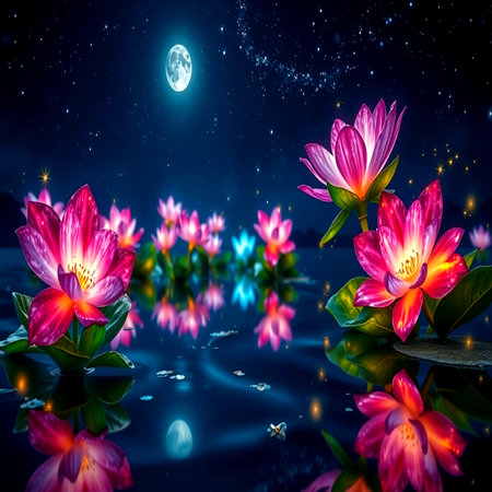 Lotus flower in the pond with full moon and starry skyの写真素材