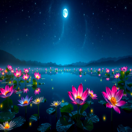 Lotus flower and moon at night with reflection in the lake.の写真素材