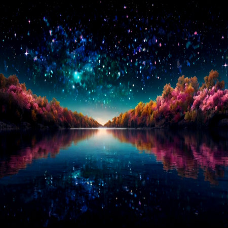 Beautiful autumn landscape with lake and starry sky.の写真素材