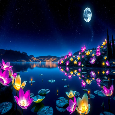 Beautiful magic night scene with lotus flowers and full moon.の写真素材