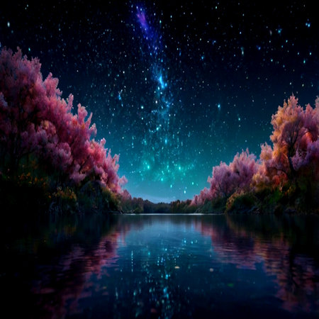Milky Way over the lake with pink trees and milky way