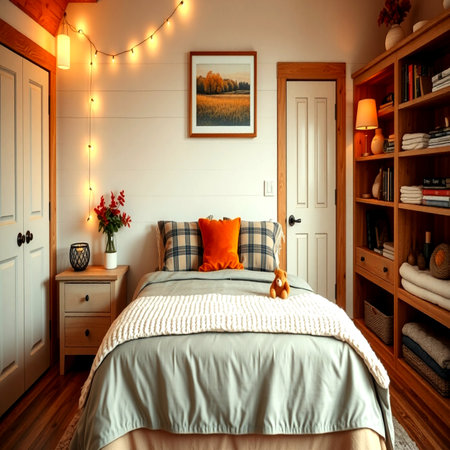 Interior of a cozy bedroom with a bed and a bookcaseの写真素材