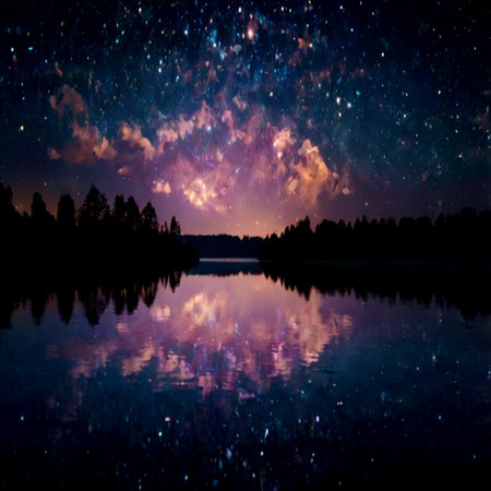 Milky way over lake and forest at night.の写真素材