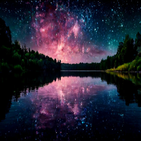 Milky Way over lake with reflection in water. Beautiful landscape.の写真素材
