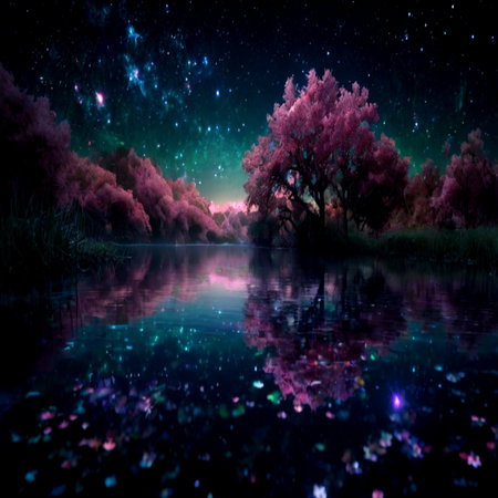 Beautiful night landscape with starry sky, trees and lake.の写真素材