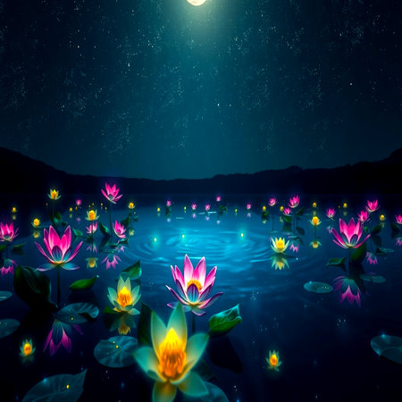 Night scene with lotus flower and full moon, 3d renderingの写真素材