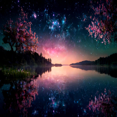 Milky way over the lake with flowers in the foreground.の写真素材