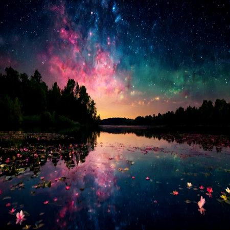 Milky Way over lake with lotus flower in summer night.