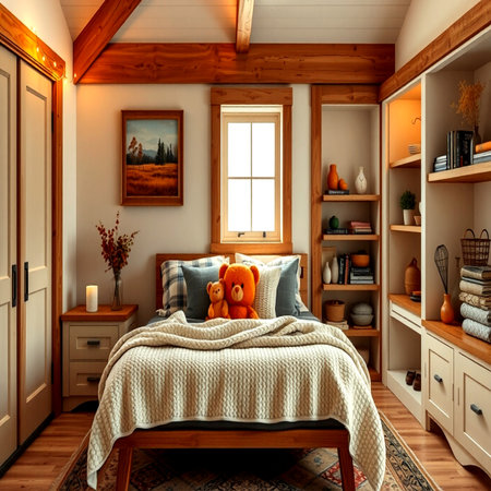 3D rendering of a cozy bedroom in a country house with wooden furniture