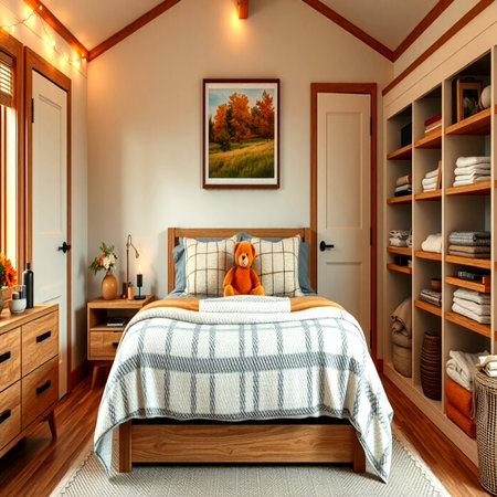 Cozy bedroom with wooden bed and wardrobe. 3d render.の写真素材
