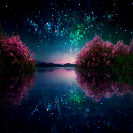 Night landscape with starry sky, lake and pink flowers. Space backgroundの写真素材