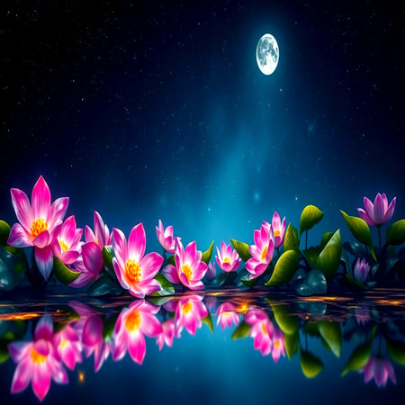 Lotus flower and full moon in the night sky with reflection.の写真素材