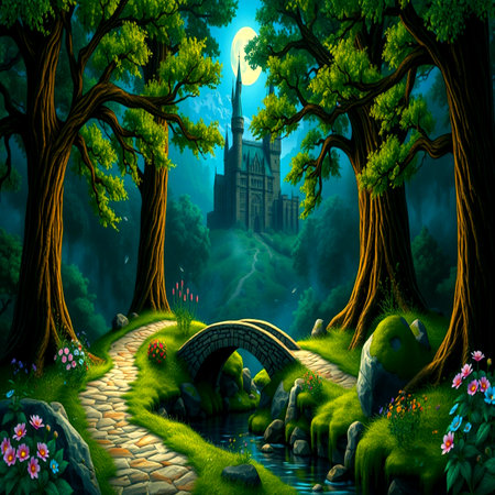 Fantasy landscape with castle in the forest. 3D illustration.の写真素材