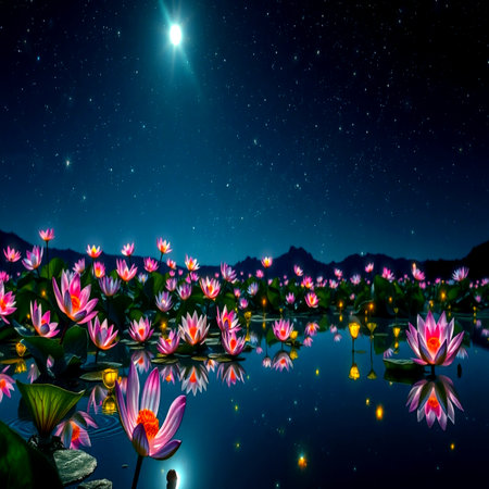 Beautiful lotus flower in the lake at night with starry skyの写真素材