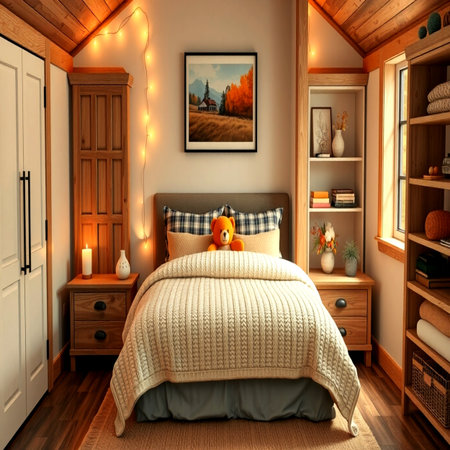 3D rendering of a cozy bedroom with a wooden bed and a lampの写真素材