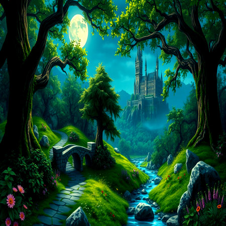 Fantasy landscape with castle in the forest. 3D illustration.の写真素材