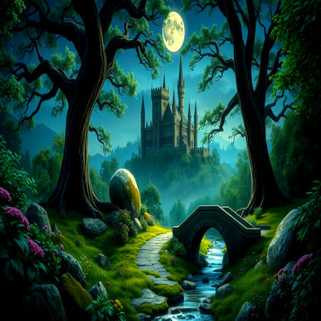 Fantasy landscape with castle in the forest. 3D illustration.の写真素材