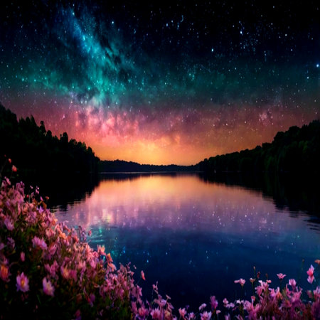 Milky Way over the lake in the forest with pink flowers.の写真素材