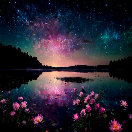 Beautiful purple lotus flowers and milky way in the night skyの写真素材