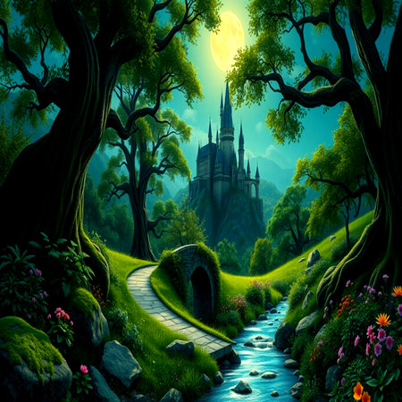 Mysterious castle in the magic forest. Fantasy landscape. 3D renderingの写真素材