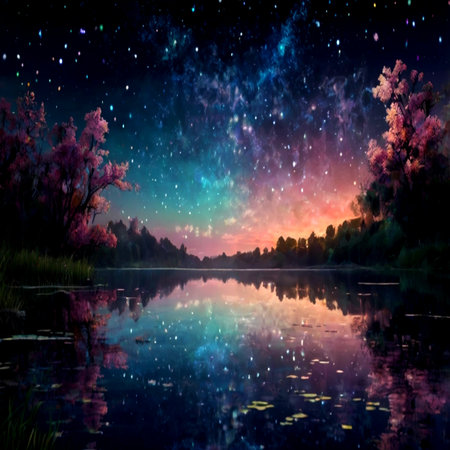 Beautiful night landscape with river, trees and stars. Digital paintingの写真素材