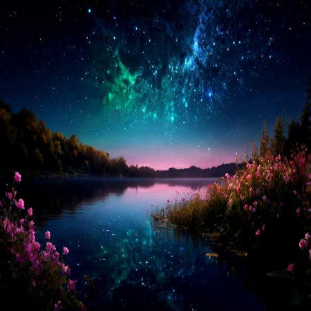 Milky way over the lake at night with stars and flowers.の写真素材