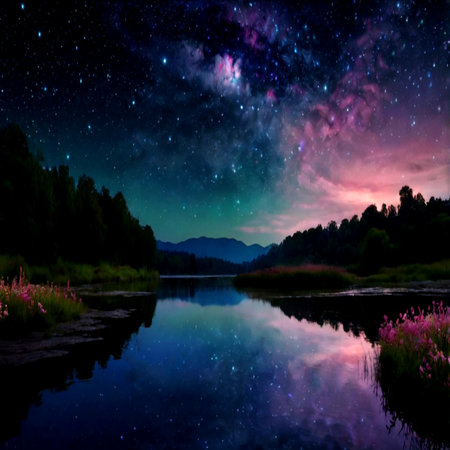 Milky Way over the lake. Colorful night sky with stars.の写真素材