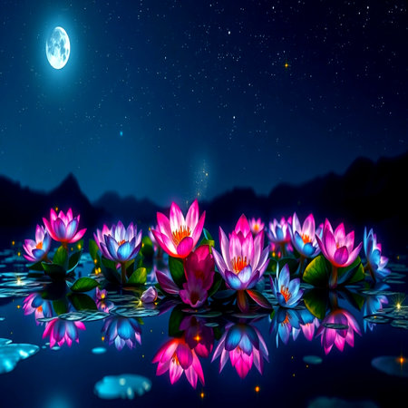 Lotus flowers in the pond with moon and starry sky.の写真素材