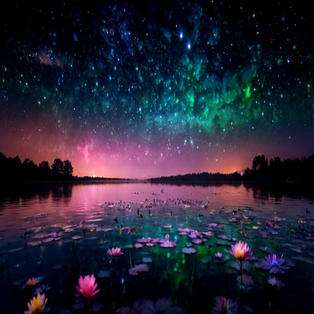 Milky way and lotus flower in the lake at night.の写真素材