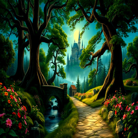 Magic fantasy castle in the forest. Magical landscape. Fairytale scene.の写真素材