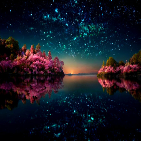 Beautiful landscape with starry sky, lake and trees at night