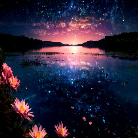 Beautiful night sky with stars and lotus flower in the lake