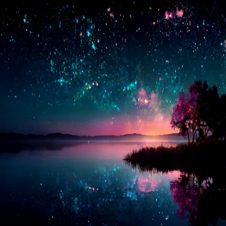 Milky way over lake with trees at night. Collage.の写真素材