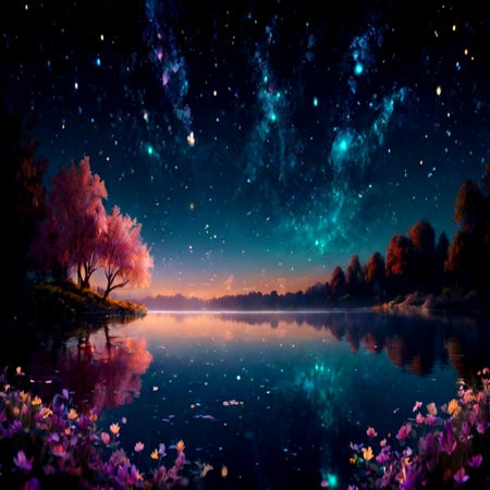 Night landscape with a lake, trees and flowers. Digital painting.の写真素材