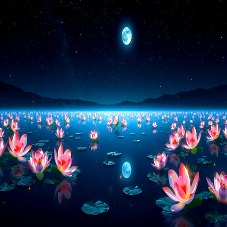 Lotus pond at night with full moon and stars, 3d renderingの写真素材
