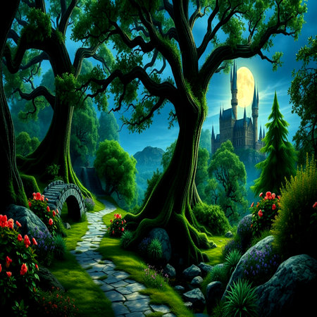Castle in the magic forest. Fairytale landscape. 3D renderingの写真素材