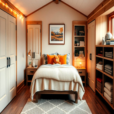 Luxury bedroom in the attic of a country house. Nobody insideの写真素材