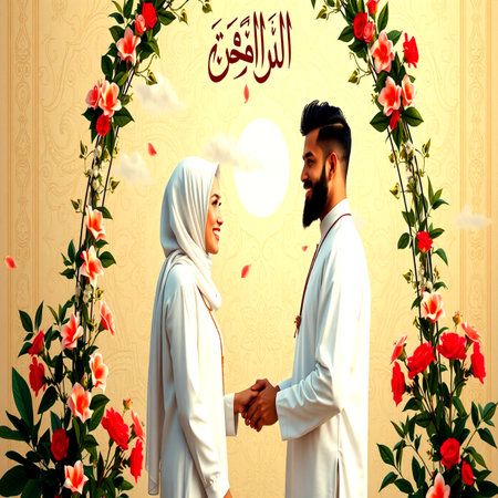 Arabic man and woman greeting each other in the garden with flowersの写真素材