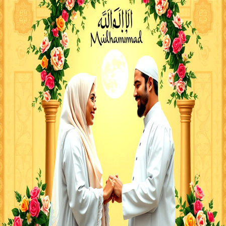 Happy muslim couple greeting each other during Eid al-Adha Mubarakの写真素材